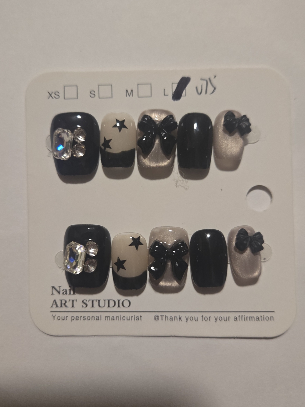 Black and Pearl Nail Set with Bows & Stars